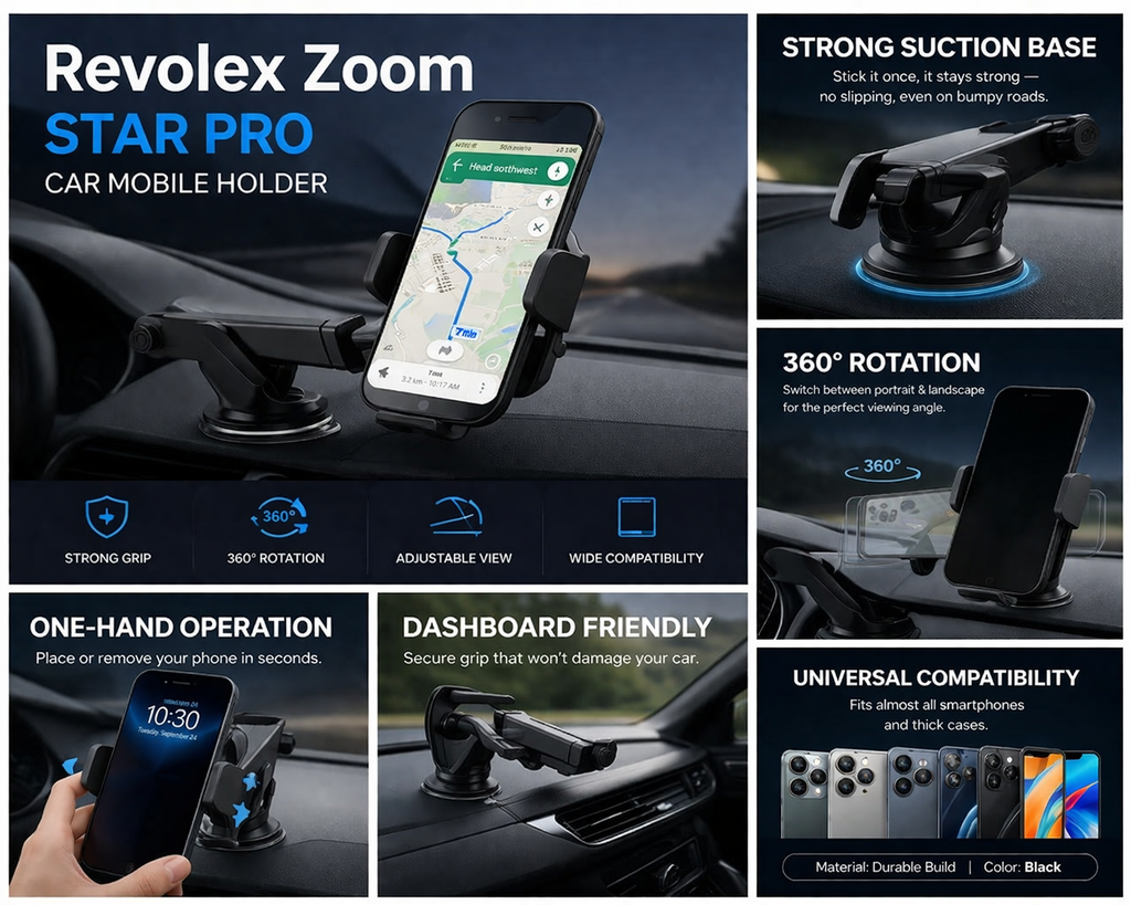 Revolex Zoom Star Pros Car Mobile Holder For Dashboard Black