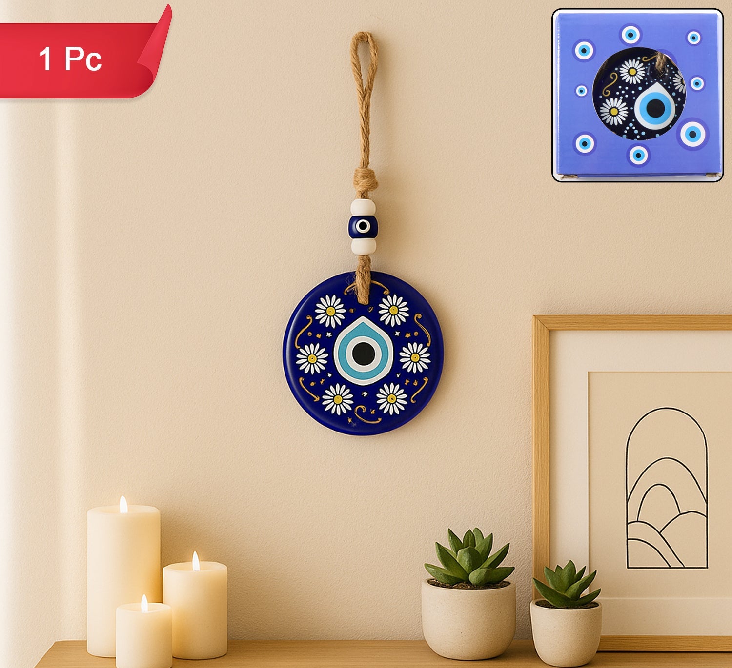 Decorative Evil Eye Wall Hanging Nazar Protector Charm With Beads Wind Chime (1 Pc)