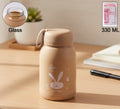 Cute Bunny Print Glass Drinking Brown Bottle (330ml  1 Pc)